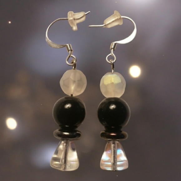 Frosted Crystal & Black Beaded Handcrafted Earrings - Picture 1 of 8